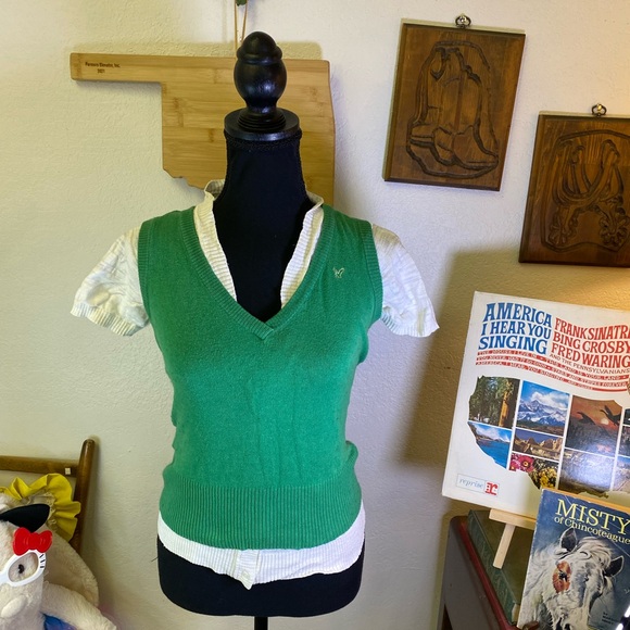 Vintage Y2K American Eagle Green Preppy Sweater Vest XS + Layering Cardigan XS - Picture 2 of 16